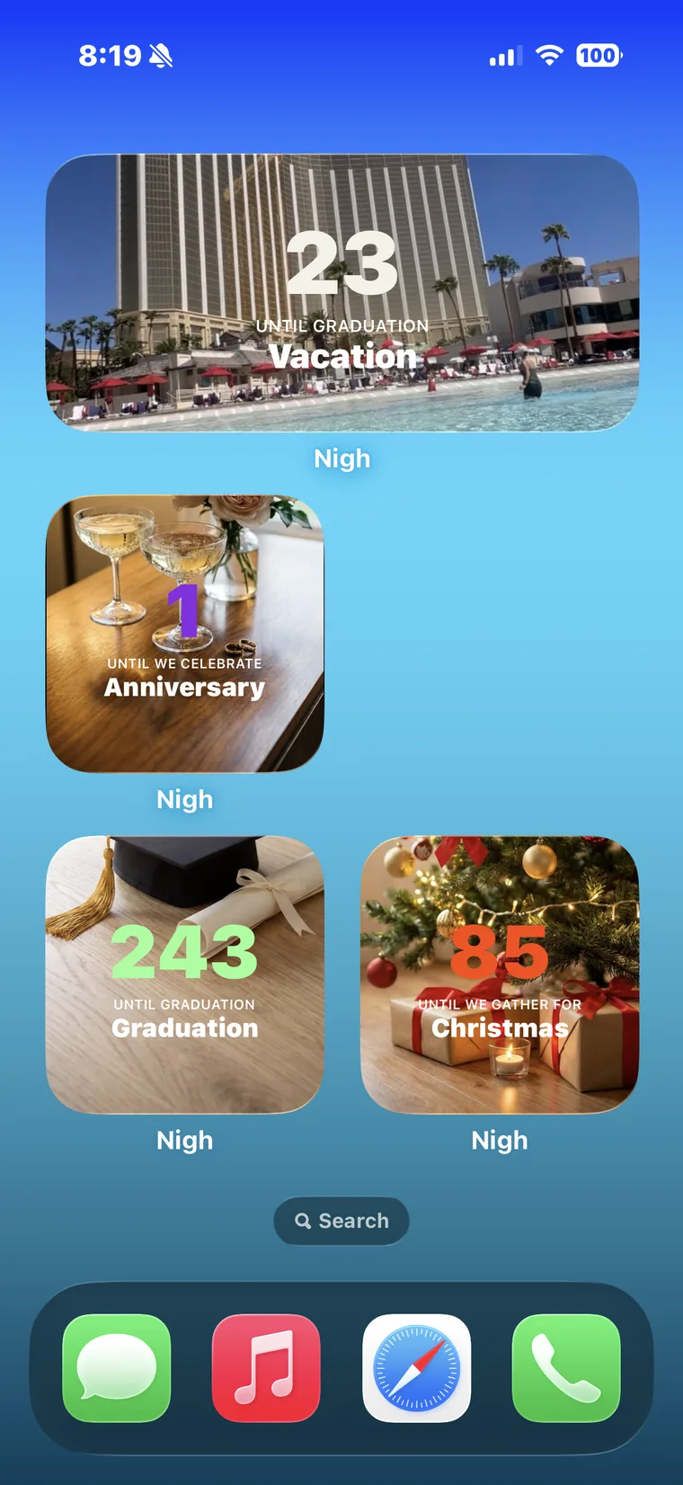 An iPhone Home Screen with four Nigh widgets: 23 days until Vacation, 1 day until an Anniversary, 243 days until Graduation and 85 days until Christmas.